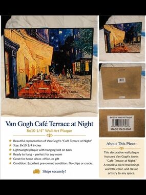 Van Gogh Café Terrace at Night Wall Art Plaque - Yellow & Blue